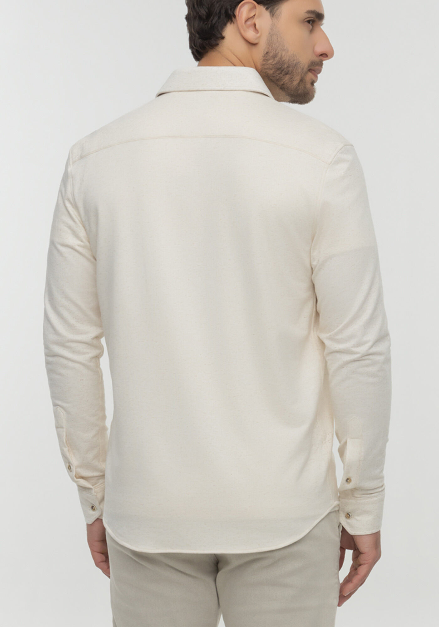 Camisa Masculina Slim Fit De Mangas Longas Em Malha Linho, BRANCO OFF WHITE, large.