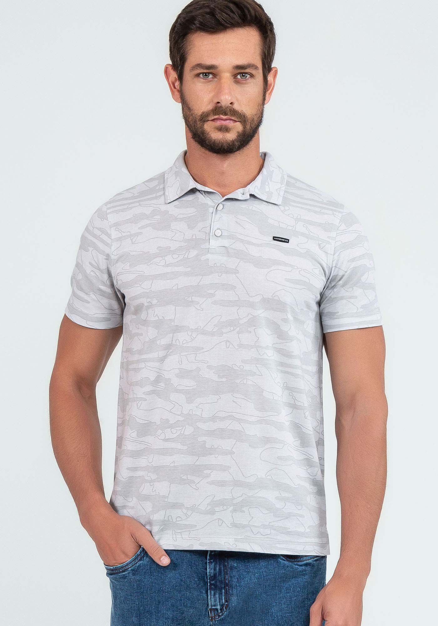 Camisa Polo Manga Curta Malha Penteada, GRID CINZA, large.