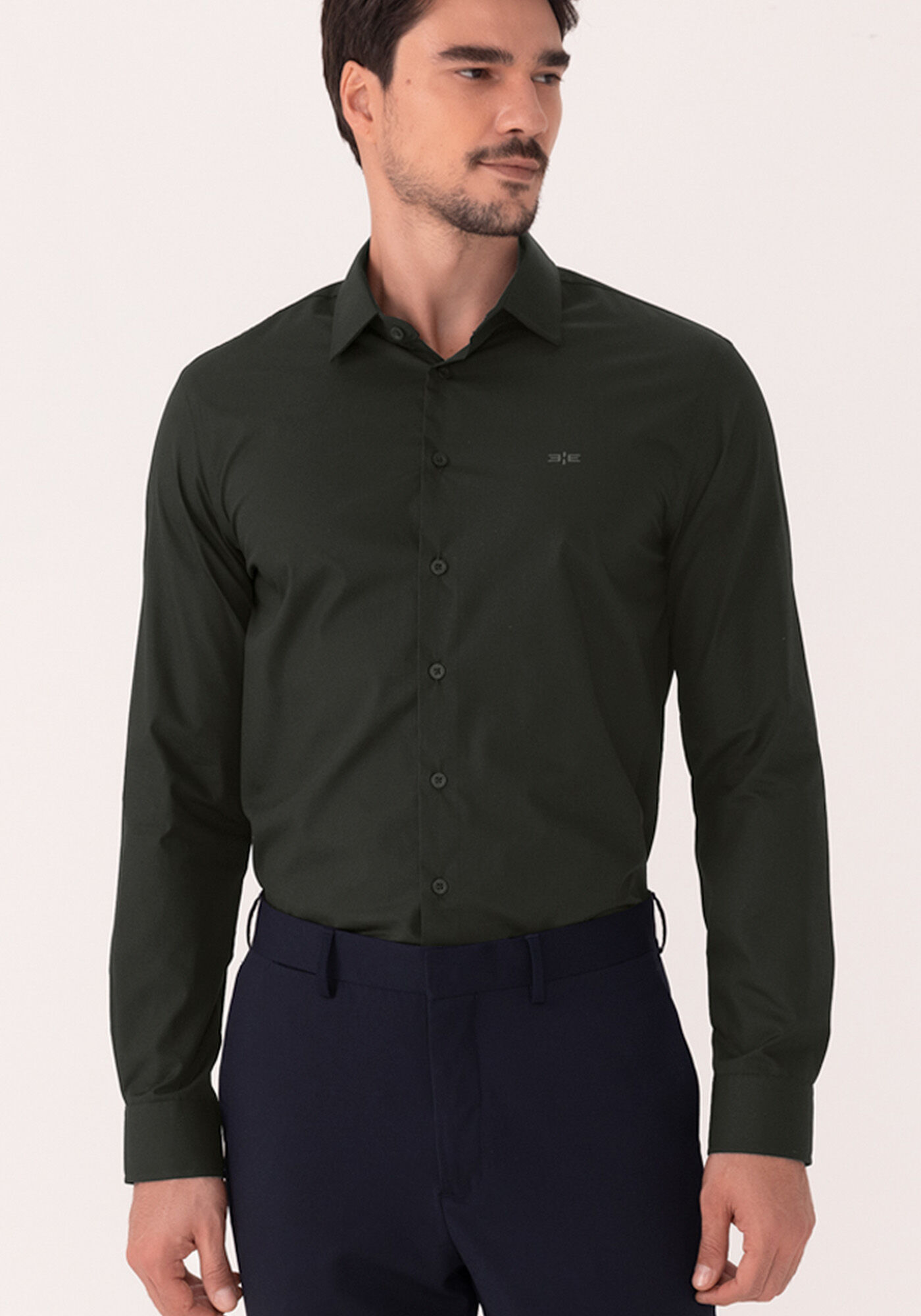 Camisa De Mangas Longas Slim Fit Em Tecido Mercerizado, PRETO, large.