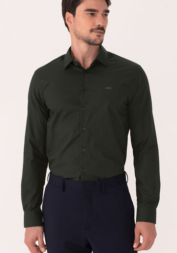 Camisa De Mangas Longas Slim Fit Em Tecido Mercerizado, PRETO. Camisa De Mangas Longas Slim Fit Em Tecido Mercerizado, PRETO, large.