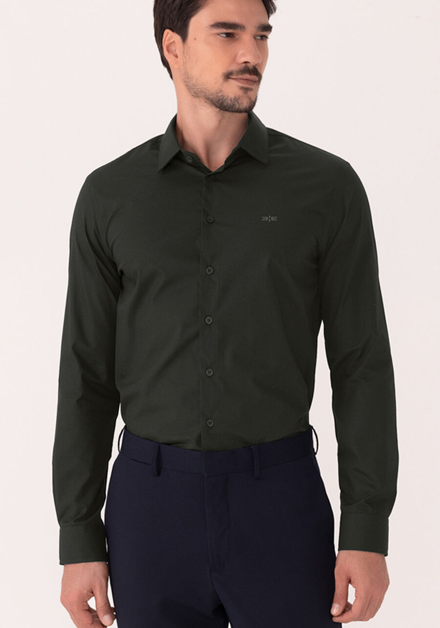 Camisa De Mangas Longas Slim Fit Em Tecido Mercerizado, PRETO. Camisa De Mangas Longas Slim Fit Em Tecido Mercerizado, PRETO, large.