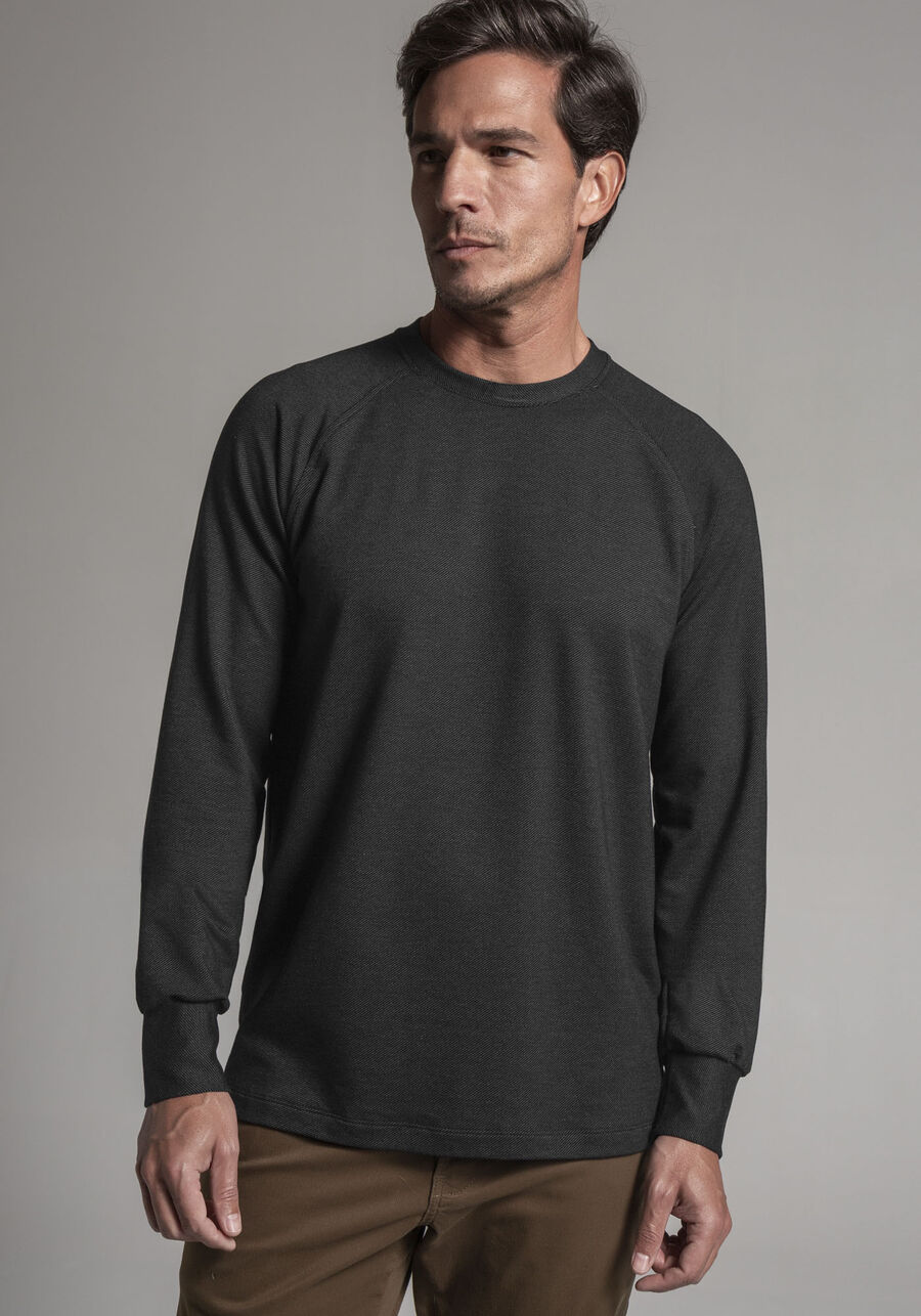 Blusão Masculino em Moletom Denim com Manga Raglan, PRETO REATIVO. Blusão Masculino em Moletom Denim com Manga Raglan, PRETO REATIVO, large.