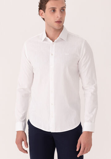Camisa De Mangas Longas Slim Fit Com Linho, BRANCO. Camisa De Mangas Longas Slim Fit Com Linho, BRANCO, large.