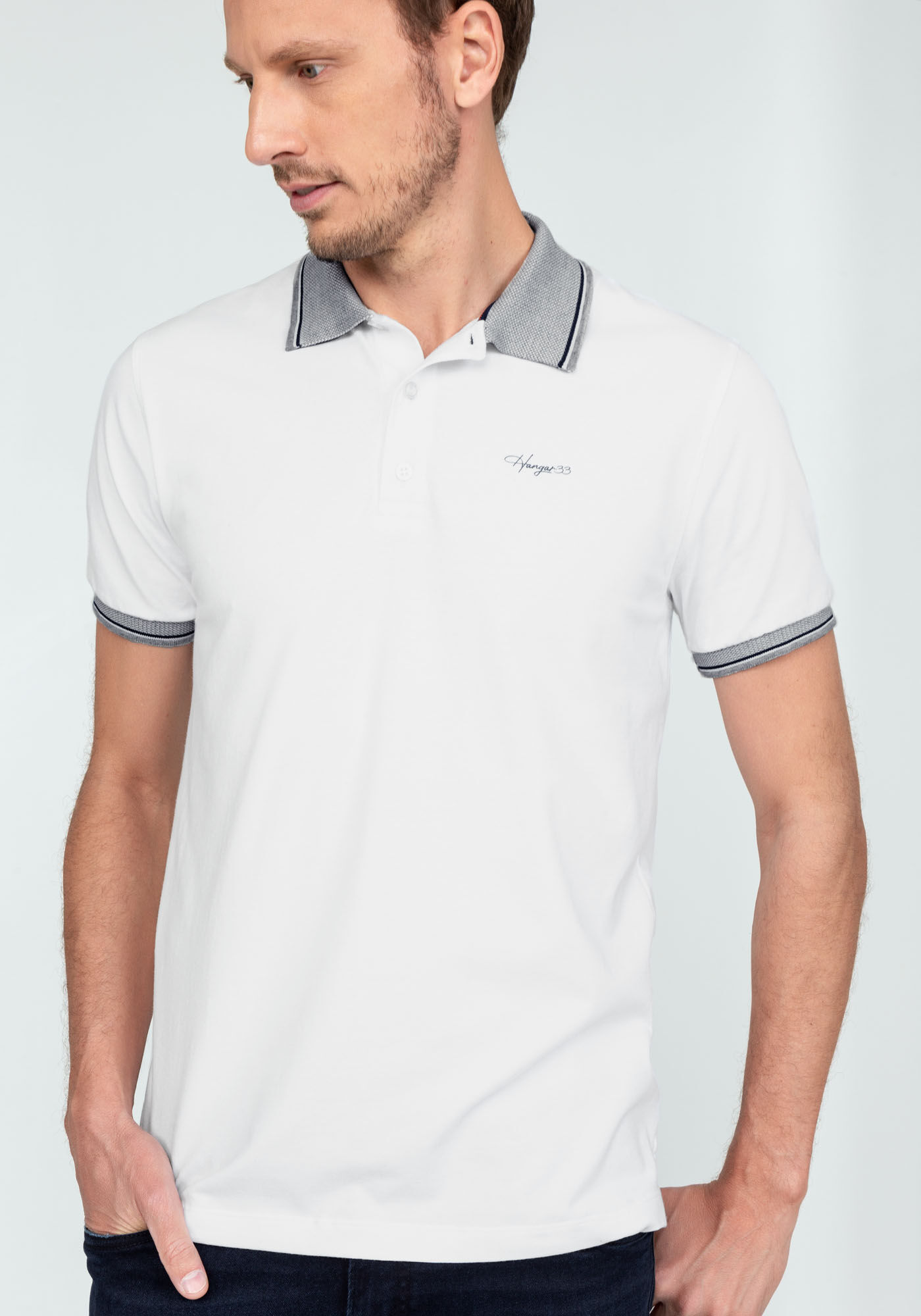 Camisa Polo Bordado e Retil&iacute;nea, BRANCO, large.