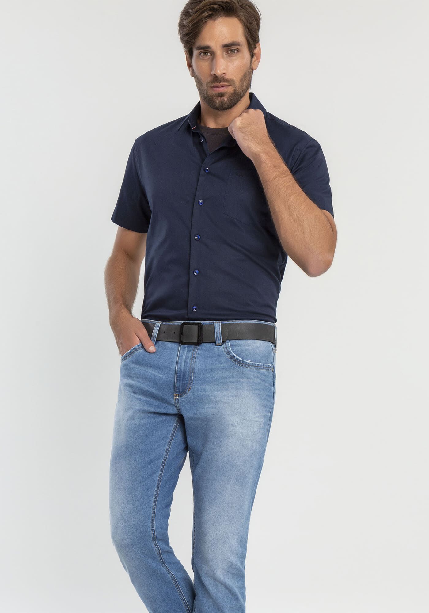 Camisa Comfort De Mangas Curtas Com Bolso Funcional Bordado, MARINHO ACTION, large.