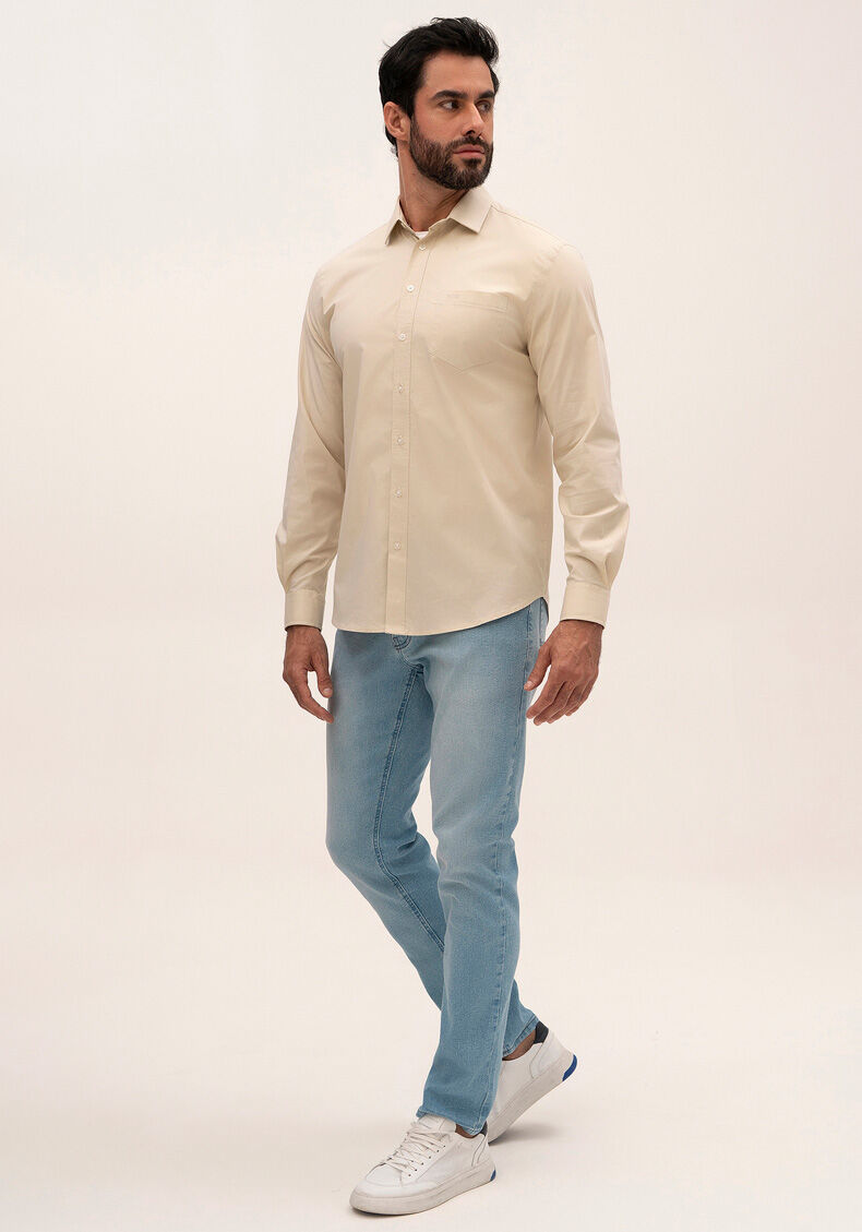 Camisa Comfort De Mangas Longas Masculina Com Elastano, BEGE GINGER, large.