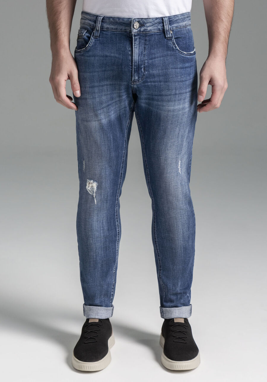 Calça Jeans Masculina Skinny Destroyed, JEANS, large.