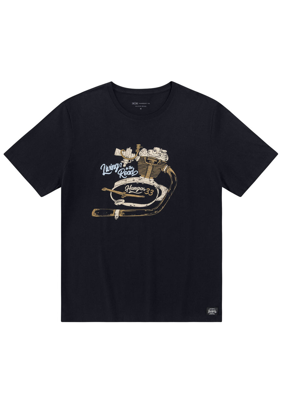 Camiseta Masculina em Meia Malha Estampada, PRETO REATIVO. Camiseta Masculina em Meia Malha Estampada, PRETO REATIVO, large.