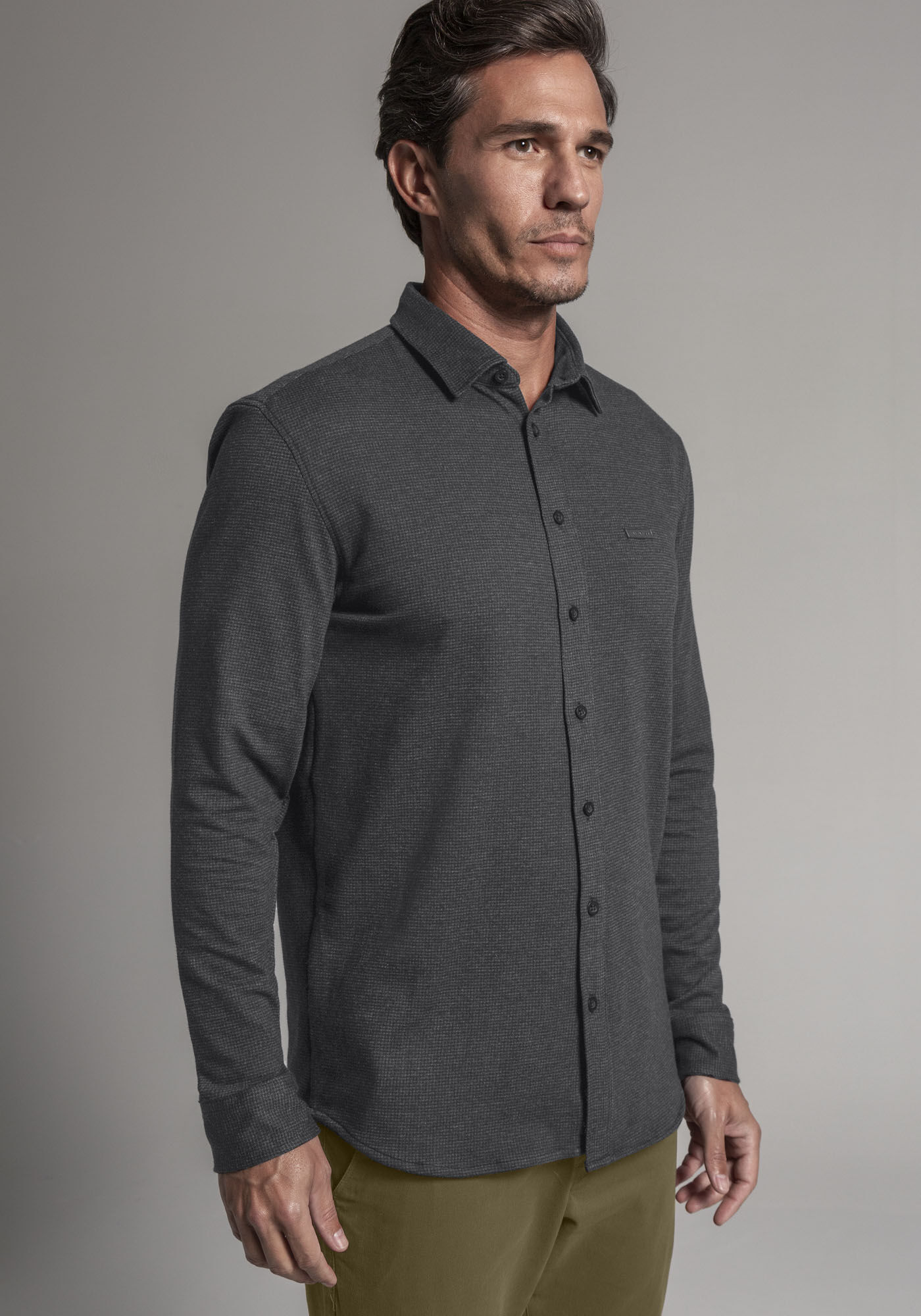 Camisa Masculina Comfort em Malha Pied Poule, PRETO REATIVO, large.