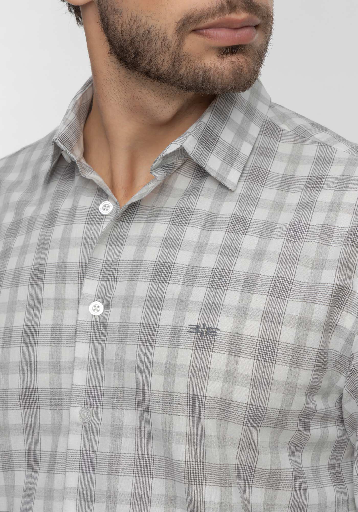 Camisa Masculina De Mangas Longas Xadrez Em Tecido Plano, BRANCO, large.