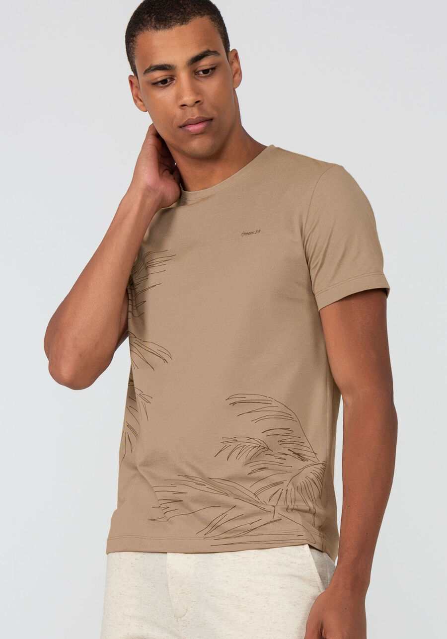Camiseta Masculina Comfort em Malha Estampa Tropical, MARROM TILE, large.