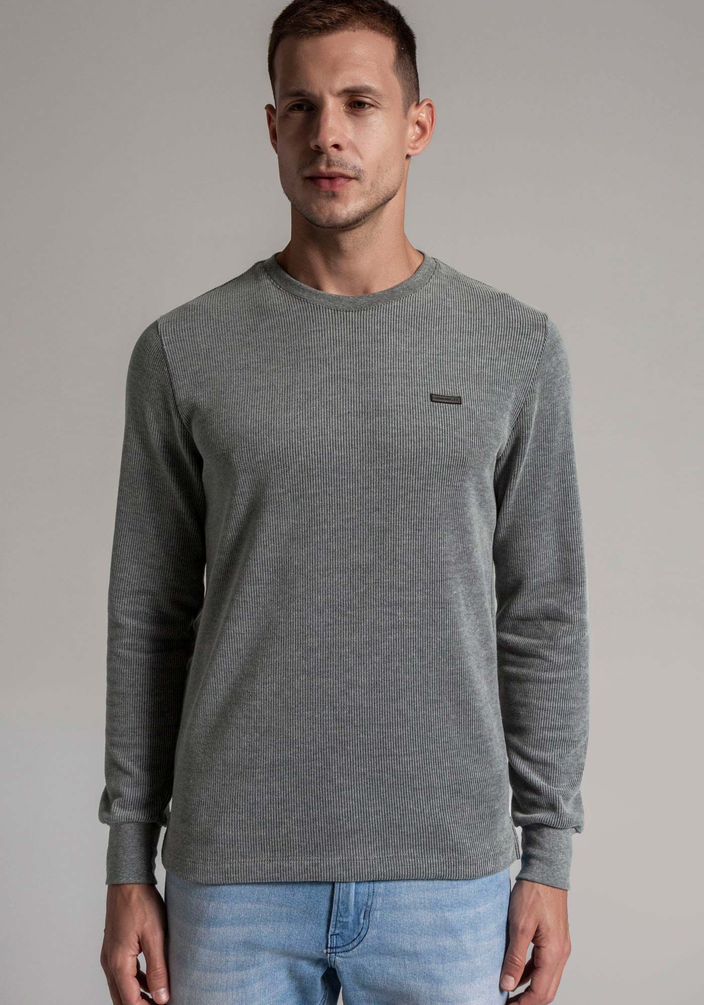 Camiseta Manga Longa Masculina em Tric&ocirc; Texturizado, MESCLA MEDIO, large.