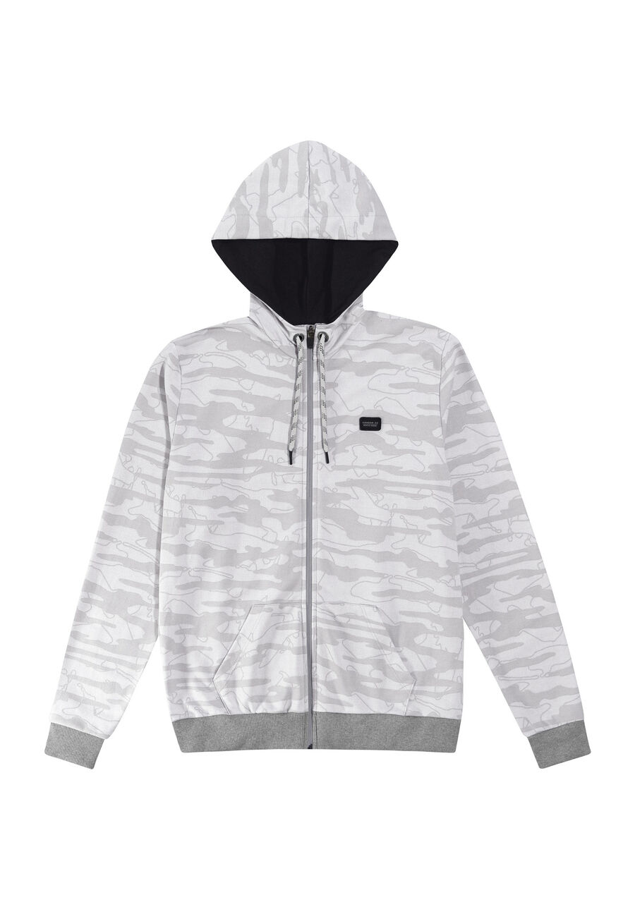 Jaqueta com Capuz em Moletom Estampada Juvenil, GRID CINZA. Jaqueta com Capuz em Moletom Estampada Juvenil, GRID CINZA, large.