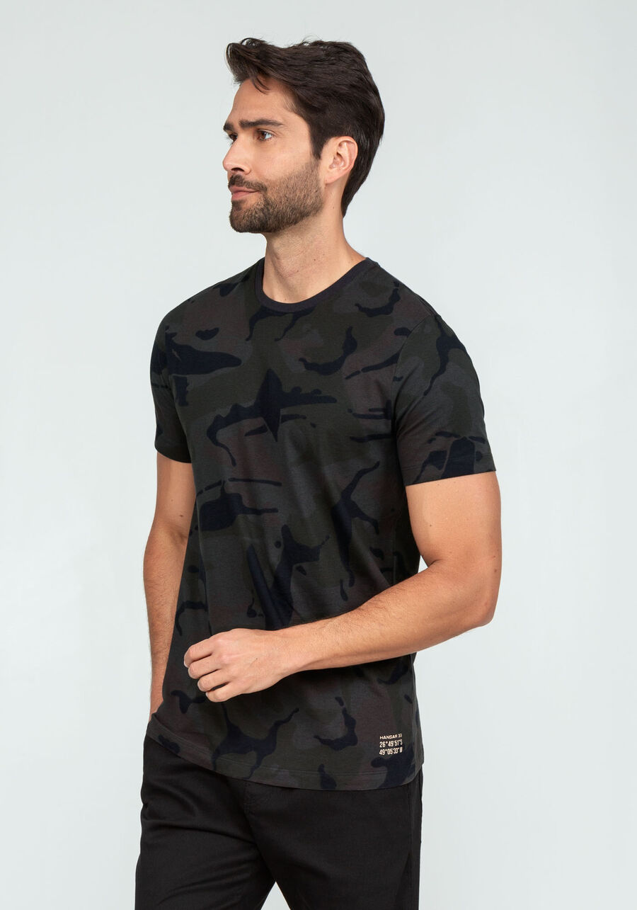 Camiseta Camuflada em Malha com Decote Redondo, CAMU CINZA. Camiseta Camuflada em Malha com Decote Redondo, CAMU CINZA, large.