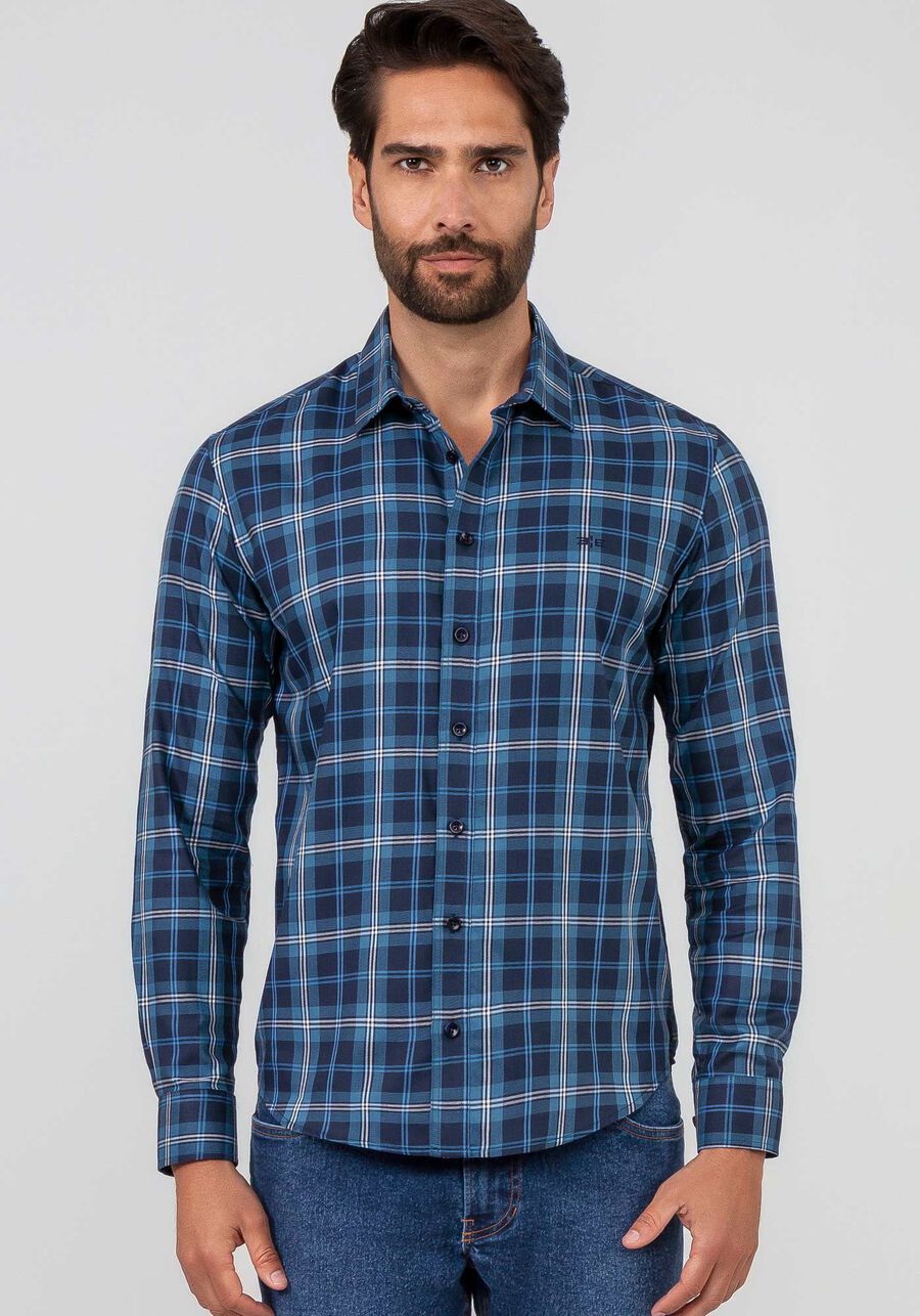 Camisa Masculina Slim Fit em Tecido Sarja Xadrez, MARINHO ACTION. Camisa Masculina Slim Fit em Tecido Sarja Xadrez, MARINHO ACTION, large.