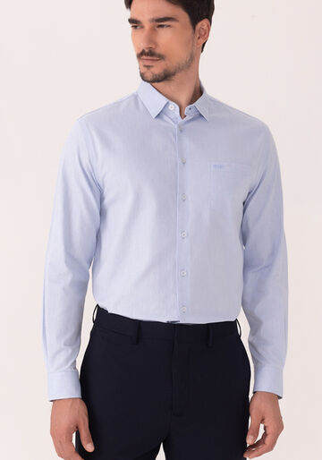 Camisa Comfort De Mangas Longas Com Bolso Em Algodão, AZUL BRIGHT. Camisa Comfort De Mangas Longas Com Bolso Em Algodão, AZUL BRIGHT, large.