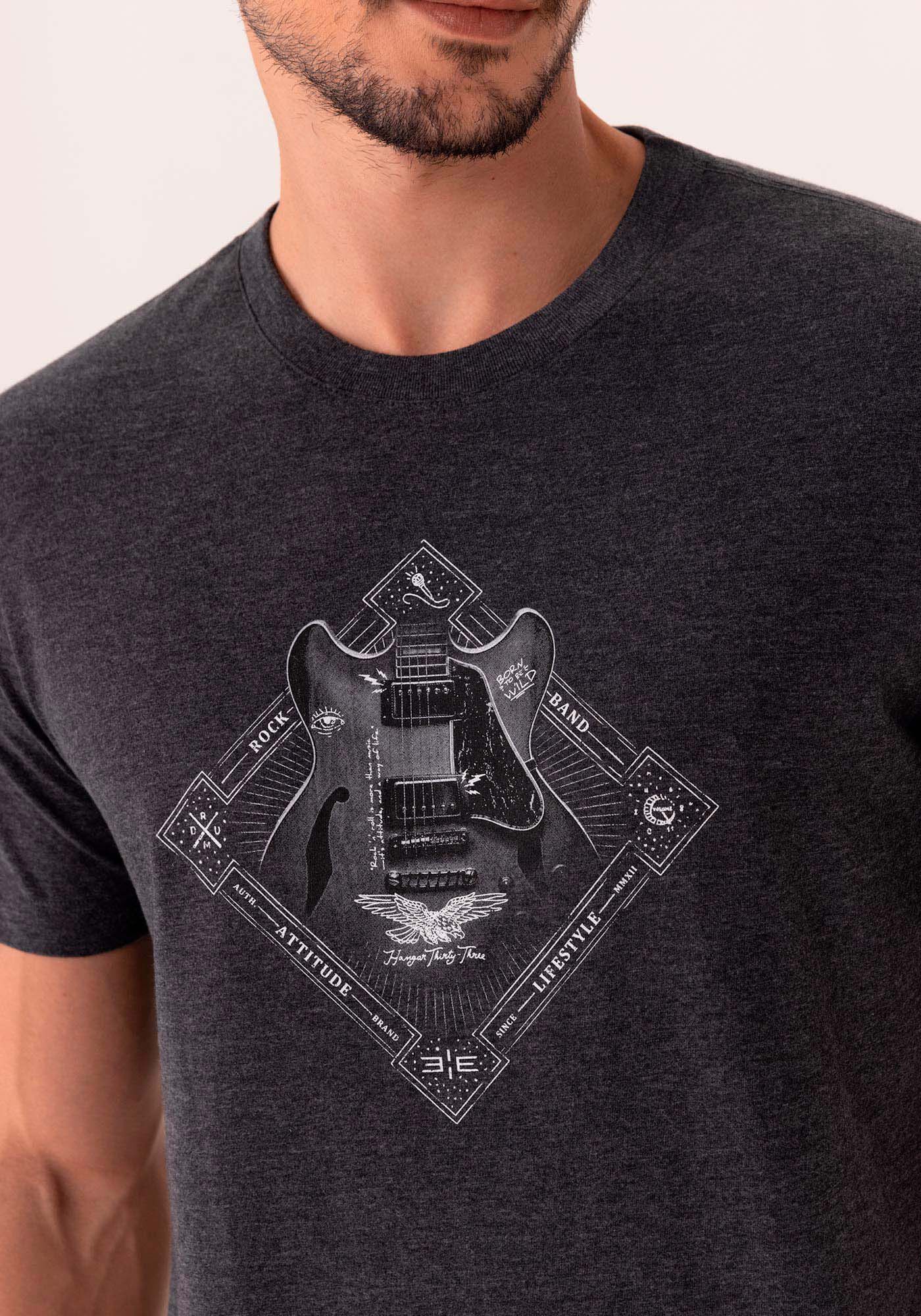 Camiseta Em Malha Mesclada Com Estampa Localizada, PRETO, large.