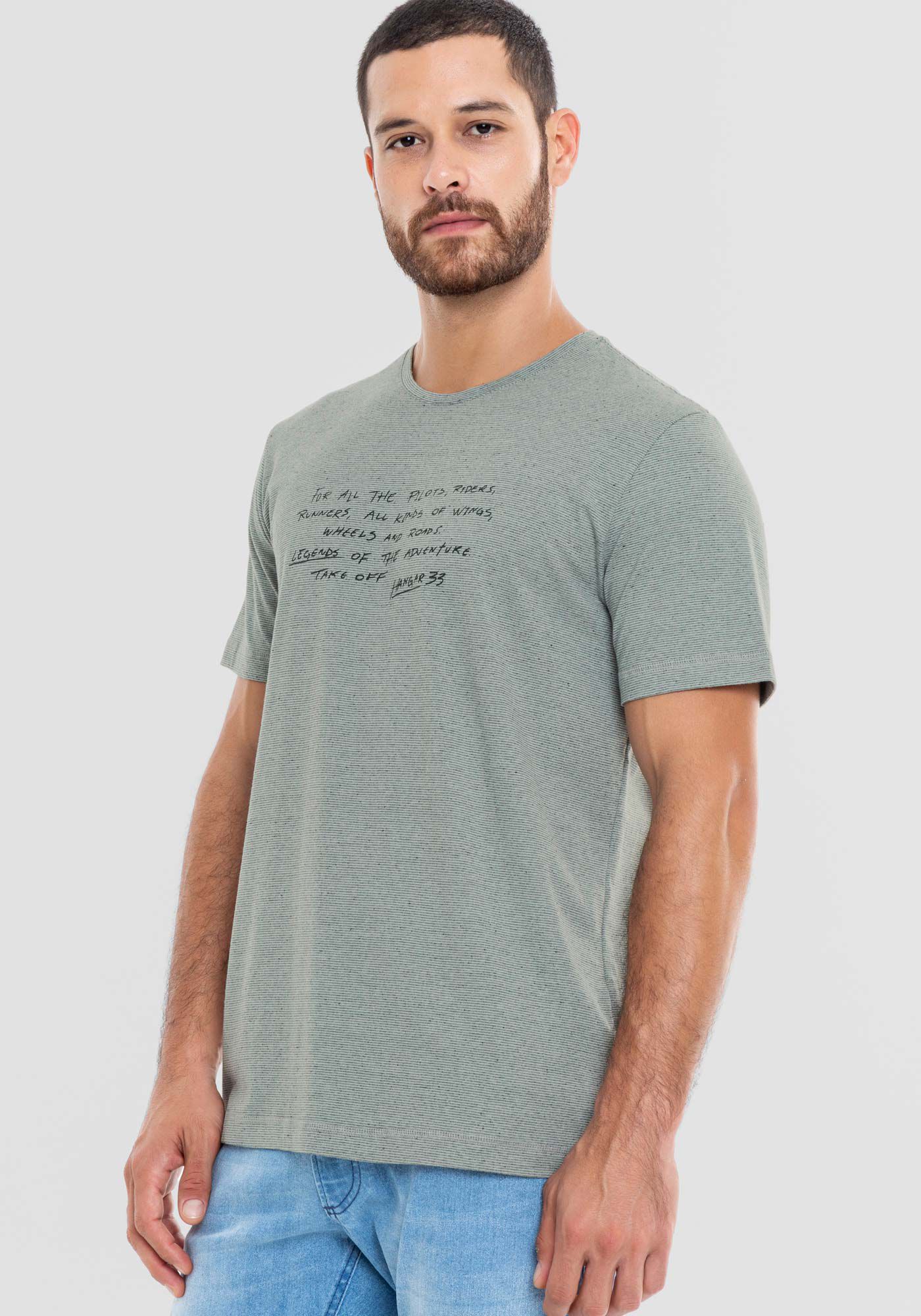 Camiseta Masculina em Malha Mesclada com Estampa, VERDE MINERAL, large.
