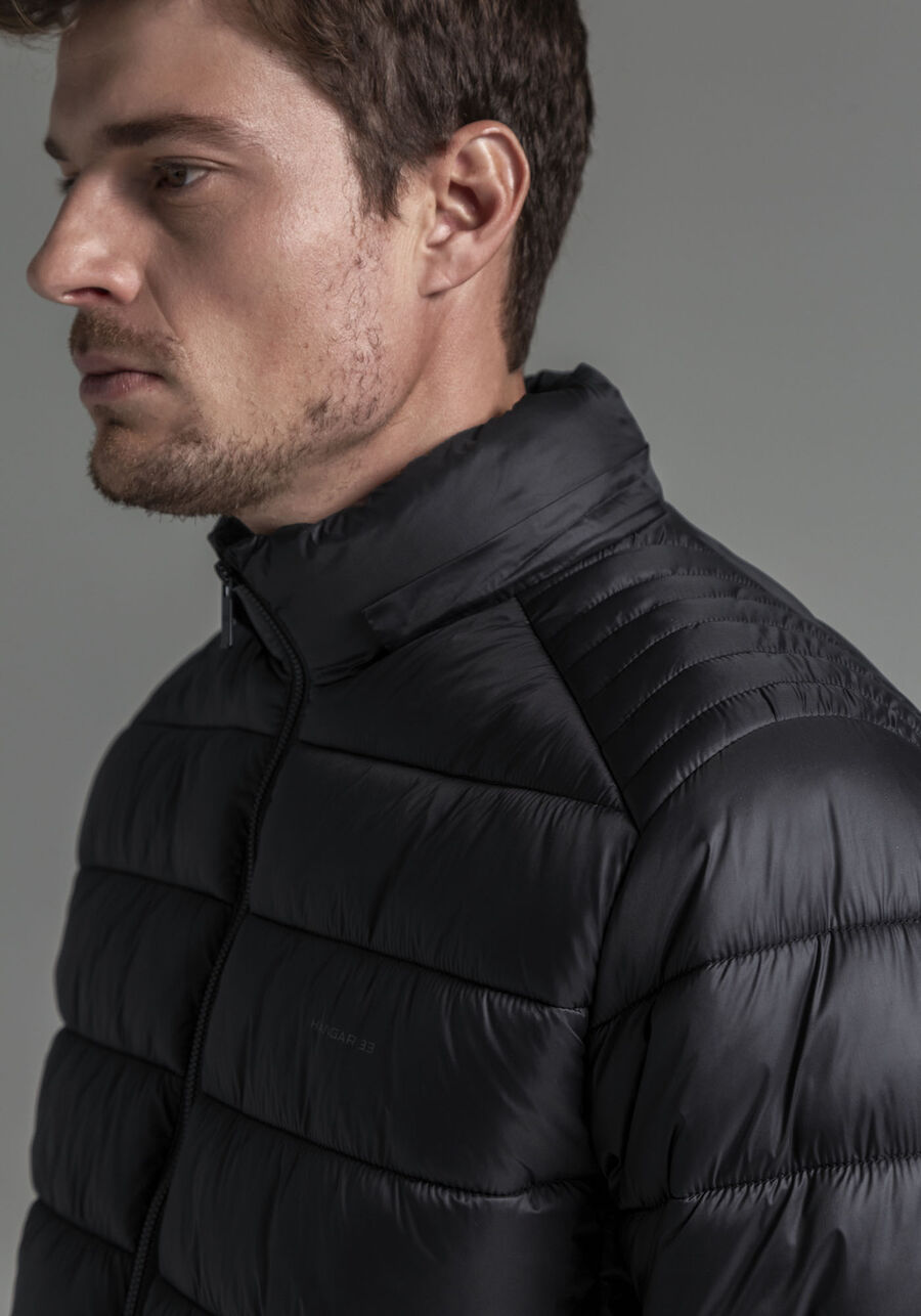 Jaqueta Puffer Em Nylon Com Zíper E Capuz Removível, PRETO REATIVO. Jaqueta Puffer Em Nylon Com Zíper E Capuz Removível, PRETO REATIVO, large.