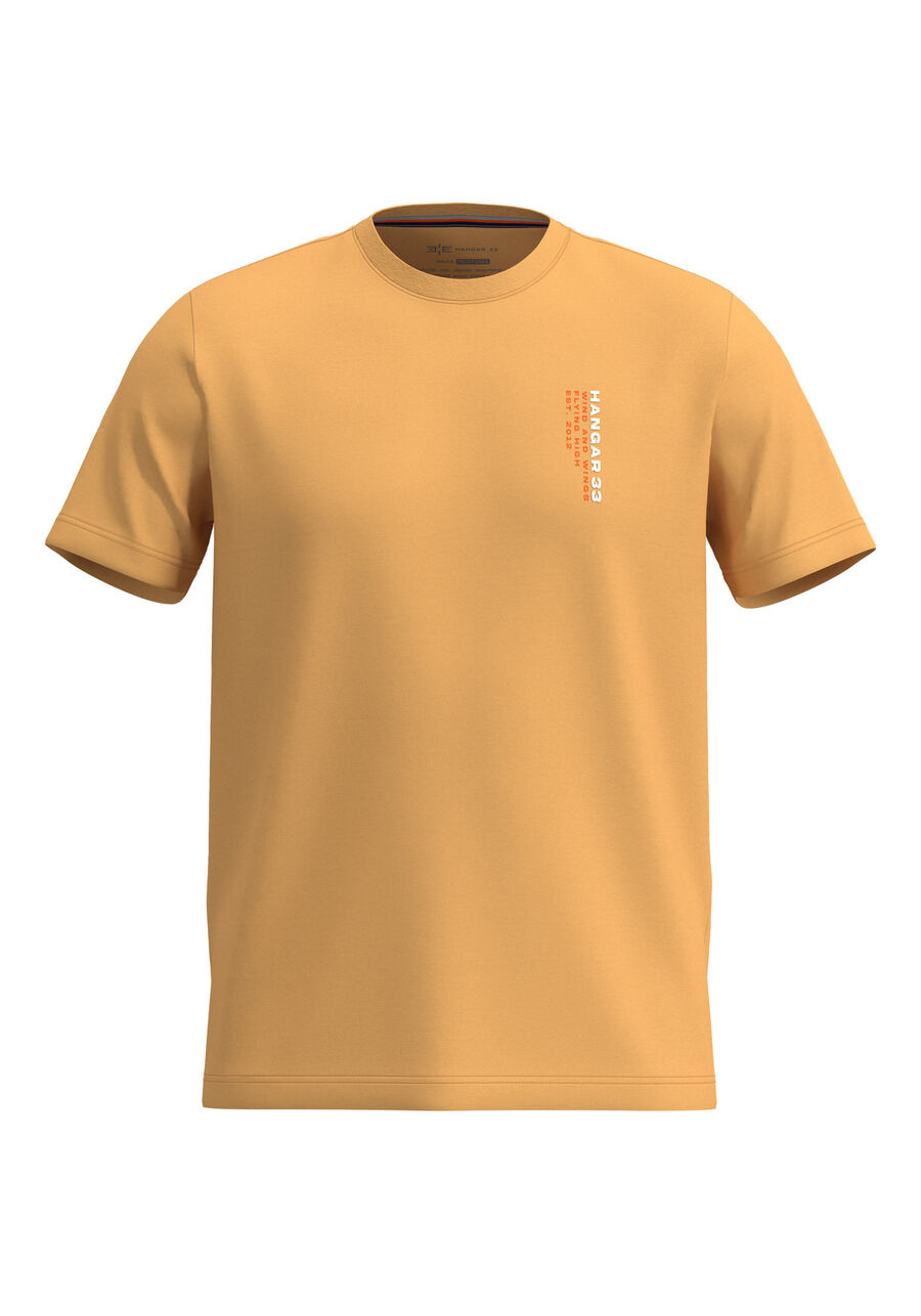 Camiseta De Manga Curta Com Estampa Em Meia Malha Peletizada, LARANJA SUNSET. Camiseta De Manga Curta Com Estampa Em Meia Malha Peletizada, LARANJA SUNSET, large.