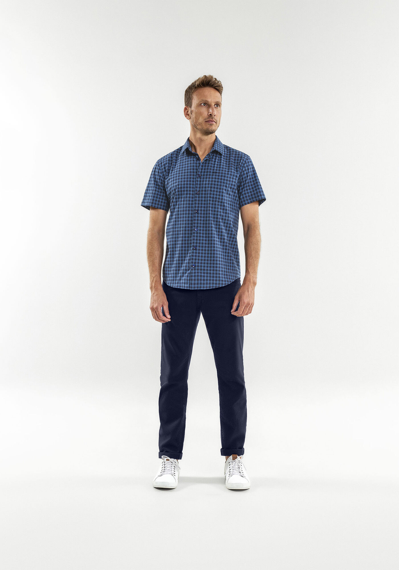 Camisa Masculina Slim Fit  em Tricoline Stretch, MARINHO, large.