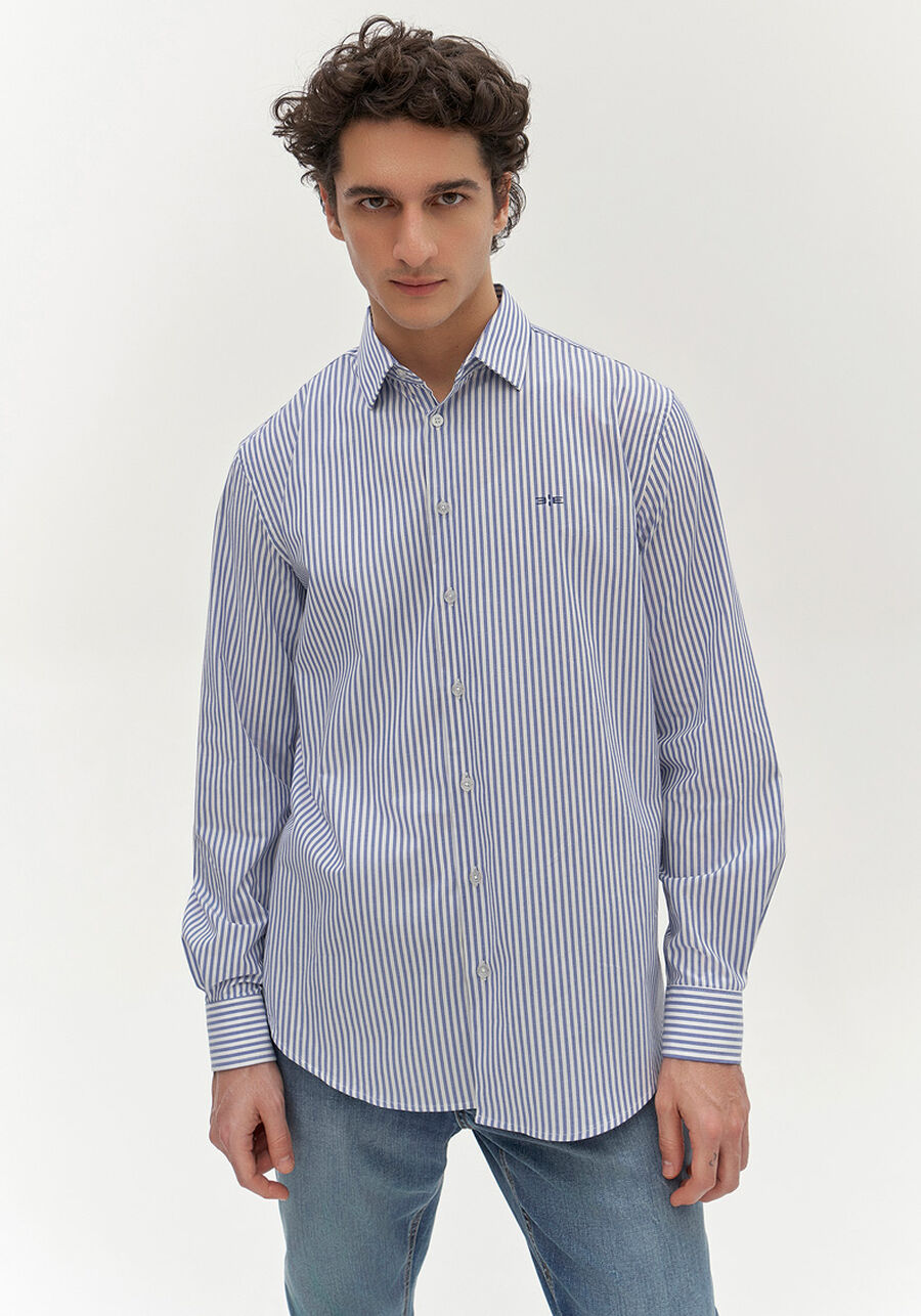 Camisa Masculina Comfort Listrada com Elastano, AZUL. Camisa Masculina Comfort Listrada com Elastano, AZUL, large.