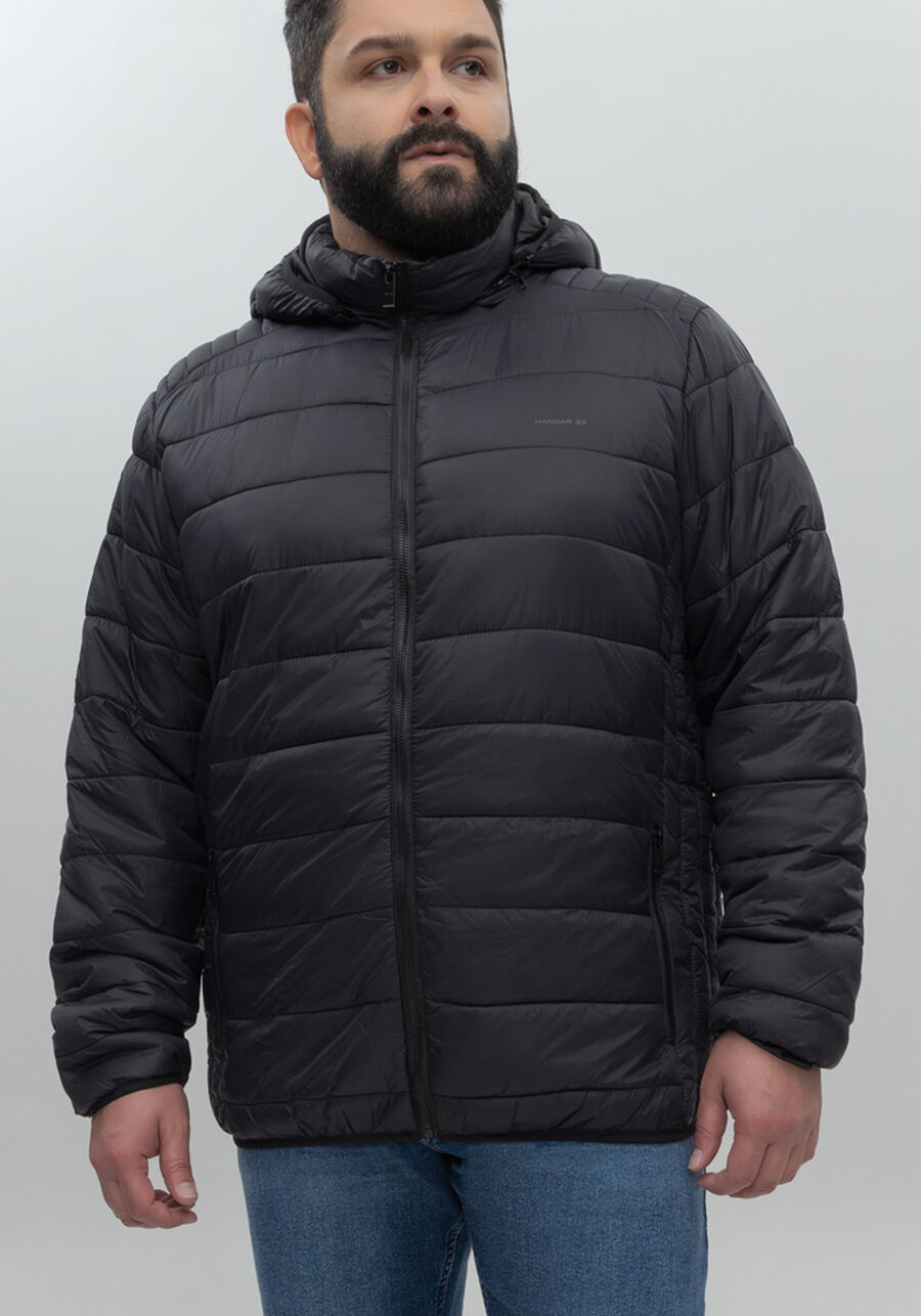 Jaqueta Puffer Em Nylon Com Capuz Removível Big & Tall, PRETO REATIVO. Jaqueta Puffer Em Nylon Com Capuz Removível Big & Tall, PRETO REATIVO, large.