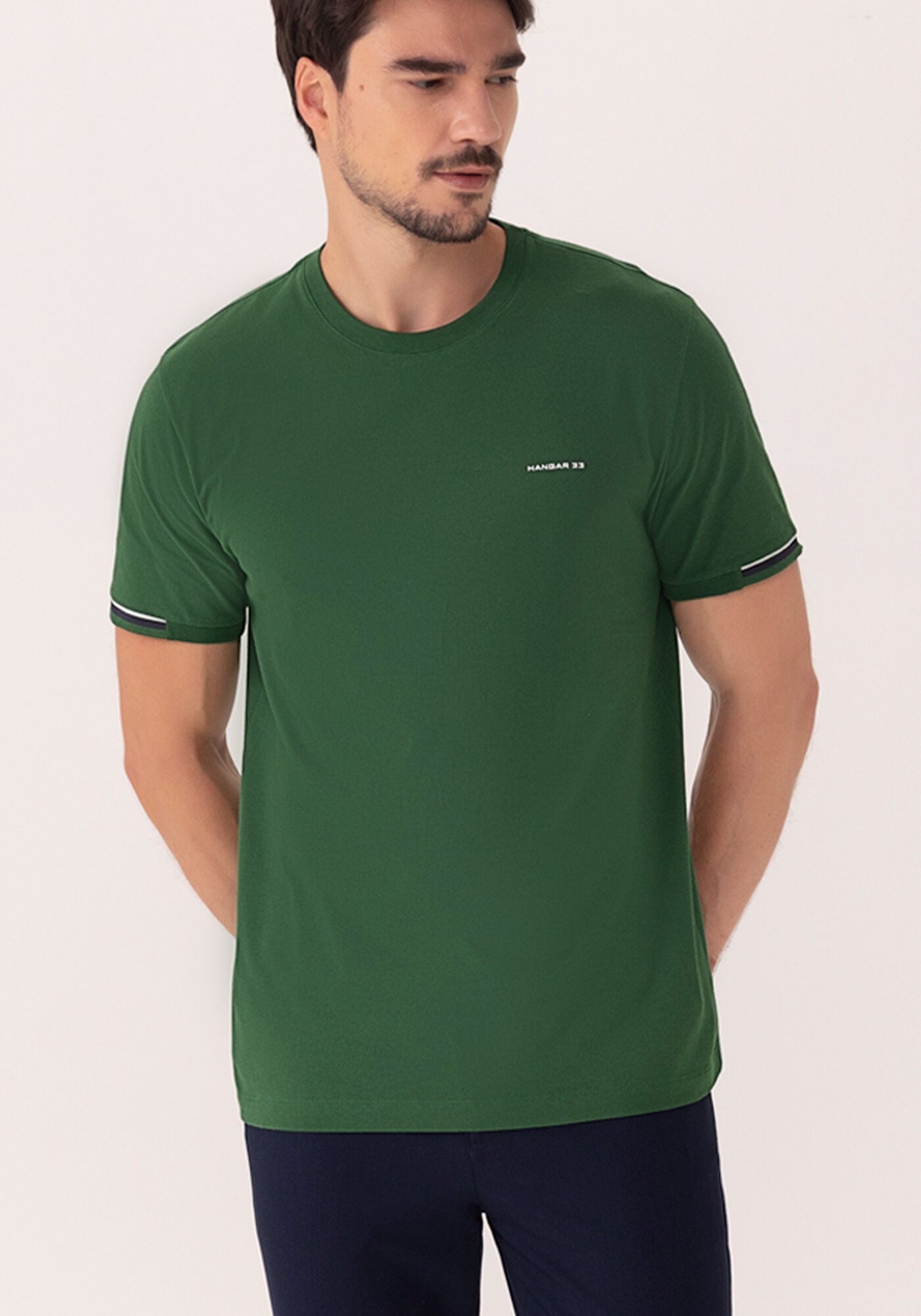 Camiseta De Mangas Curtas Com Retil&iacute;nea Em Meia Malha, VERDE AMBAR, large.