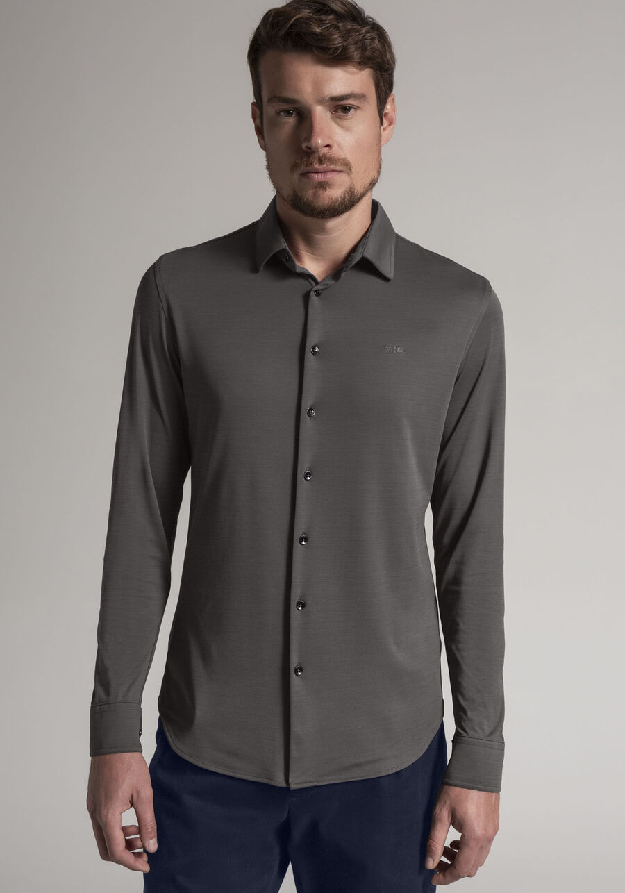 Camisa Masculina Slim Fit em Malha Tech Skin, CINZA NOTI. Camisa Masculina Slim Fit em Malha Tech Skin, CINZA NOTI, large.