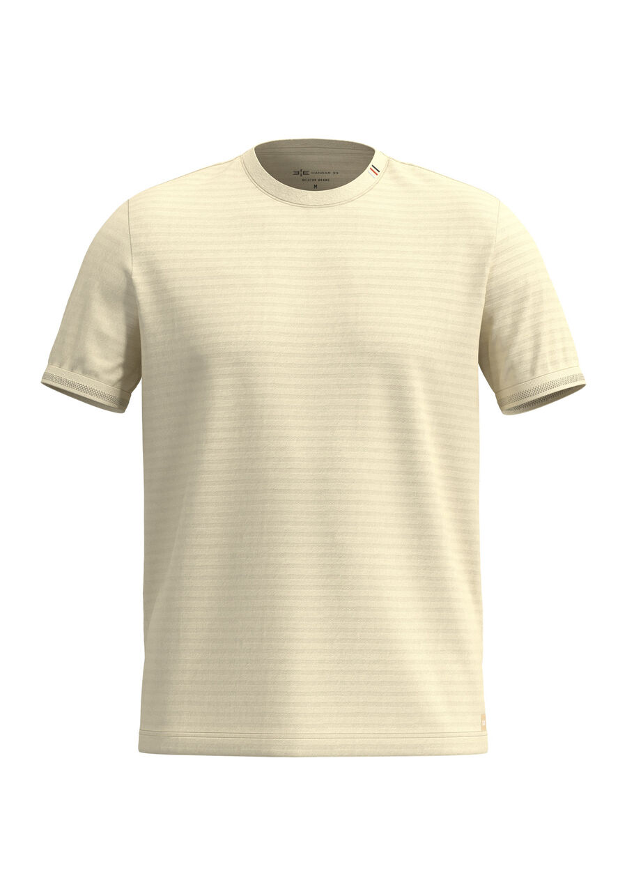 Camiseta Com Gola Bordada Em Malha Texturizada, BEGE ORVALHO. Camiseta Com Gola Bordada Em Malha Texturizada, BEGE ORVALHO, large.