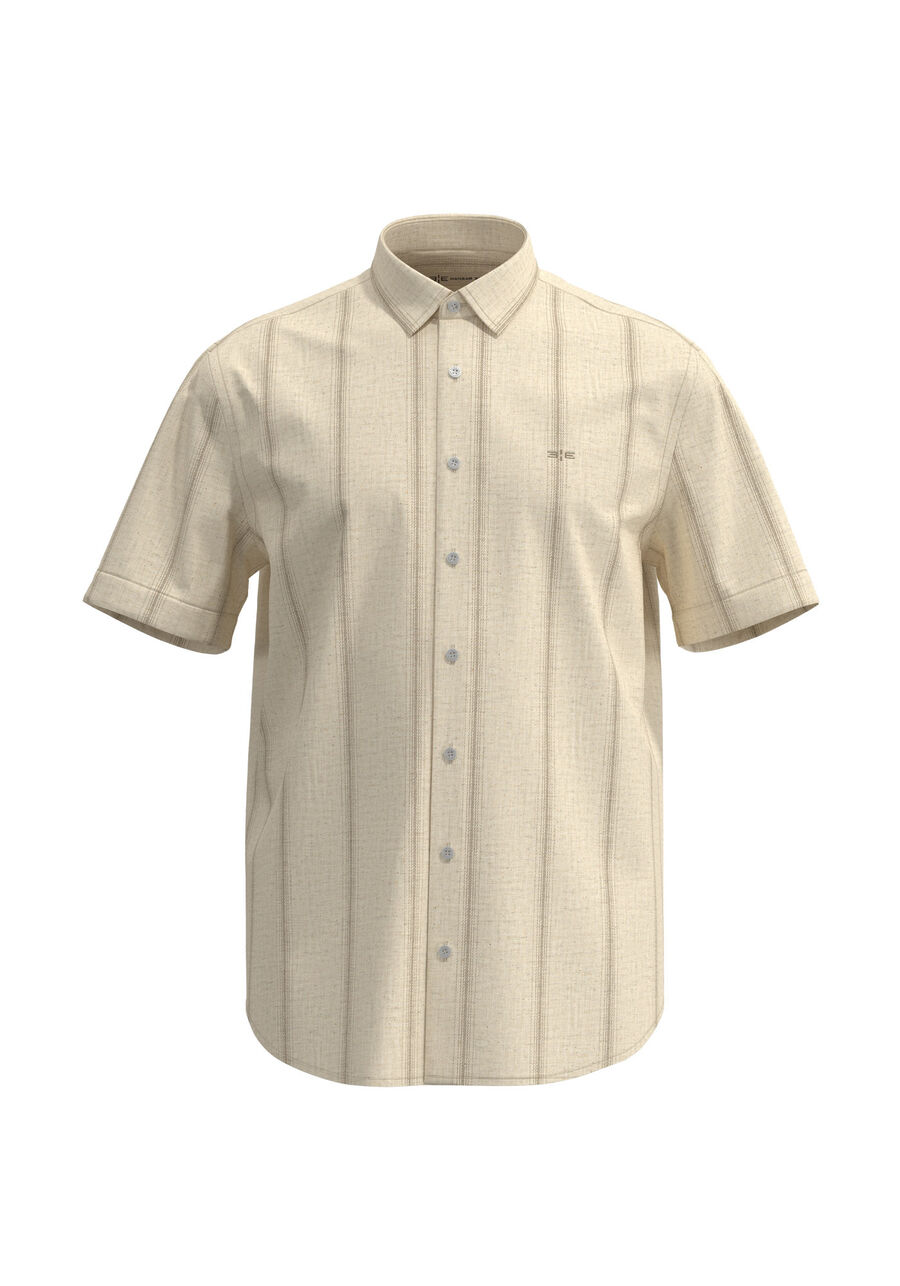 Camisa De Mangas Curtas Comfort Em Tecido Com Linho, VERTICAL OCRE. Camisa De Mangas Curtas Comfort Em Tecido Com Linho, VERTICAL OCRE, large.