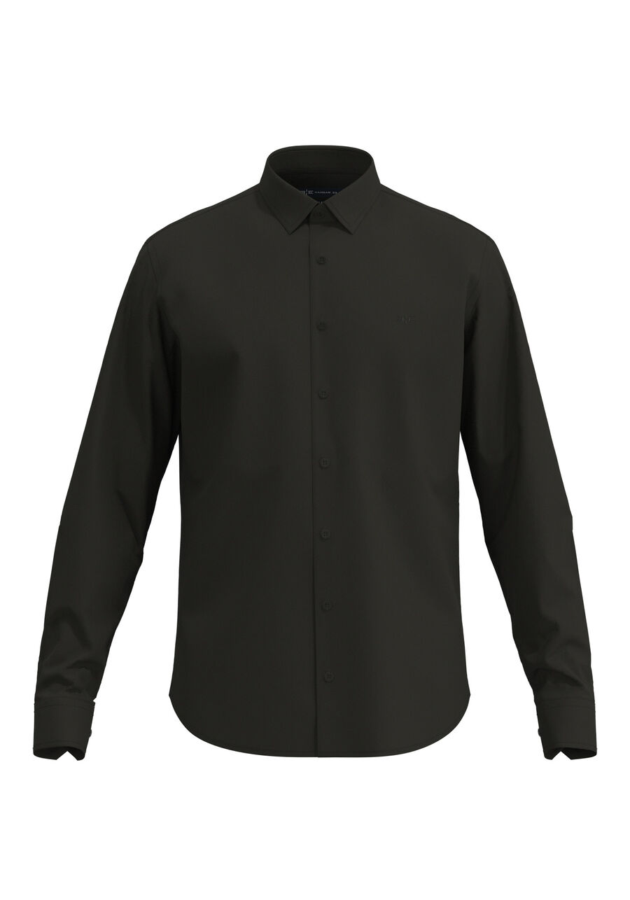 Camisa De Mangas Longas Slim Fit Em Tecido Mercerizado, PRETO. Camisa De Mangas Longas Slim Fit Em Tecido Mercerizado, PRETO, large.