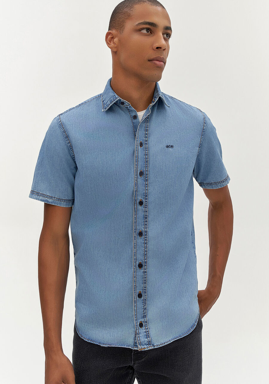 Camisa Jeans Masculina com Manga Curta, JEANS. Camisa Jeans Masculina com Manga Curta, JEANS, large.