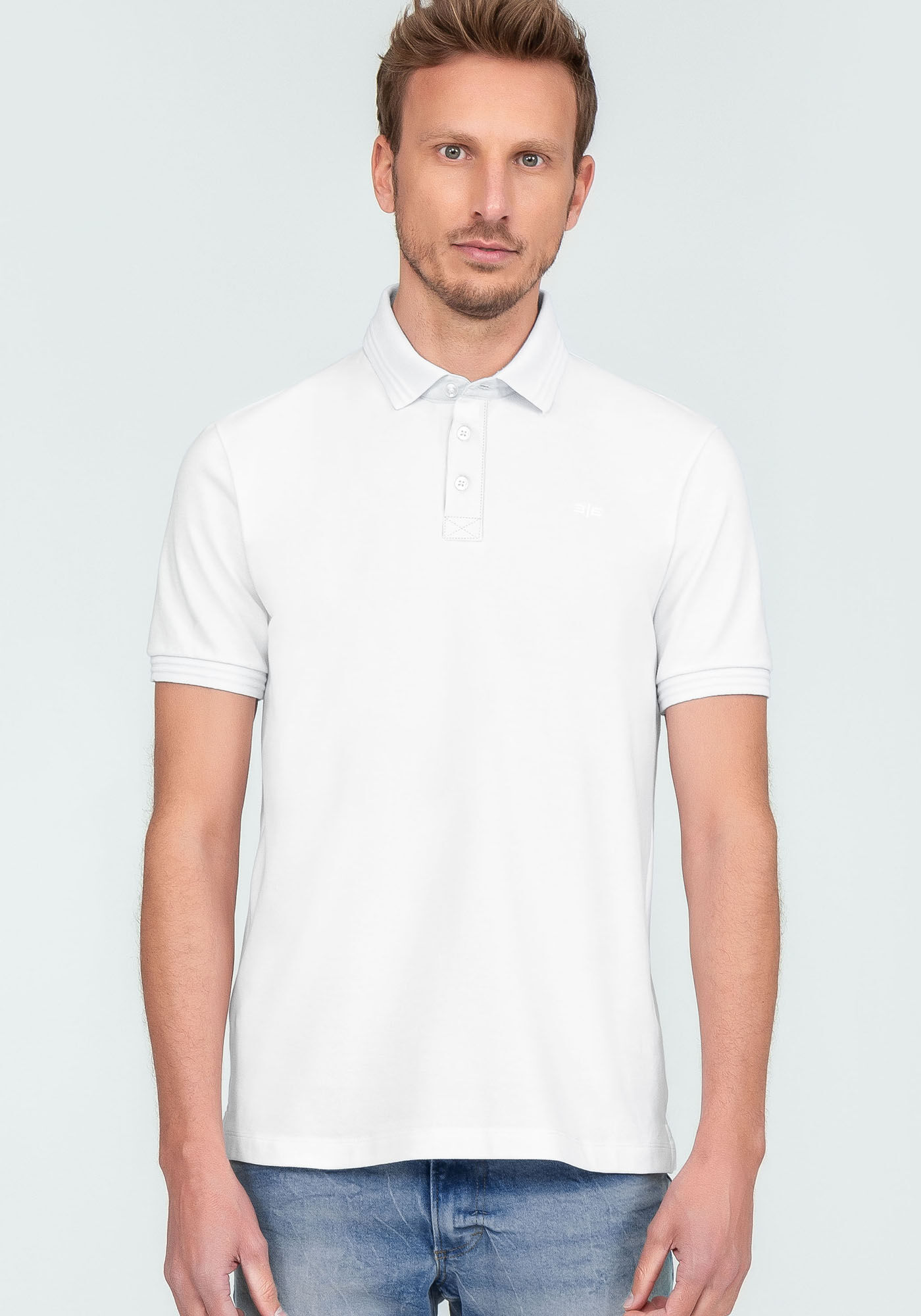 Camisa Polo Neutra em Malha com Retil&iacute;nea, BRANCO, large.
