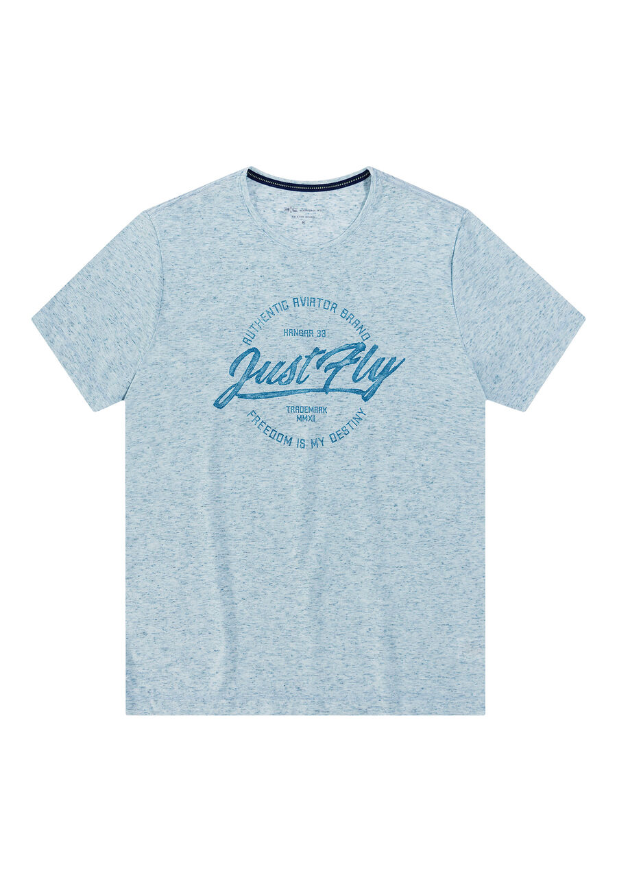 Camiseta Malha Linen Estampa Just Fly, AZUL BLUE MOON. Camiseta Malha Linen Estampa Just Fly, AZUL BLUE MOON, large.