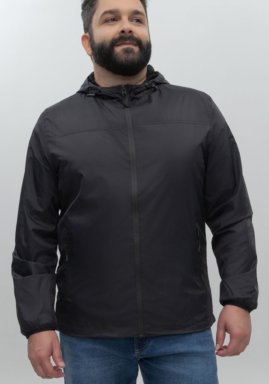 Jaqueta Em Tecido De Poliamida Com Capuz E Zíper Big & Tall, PRETO REATIVO. Jaqueta Em Tecido De Poliamida Com Capuz E Zíper Big & Tall, PRETO REATIVO, large.