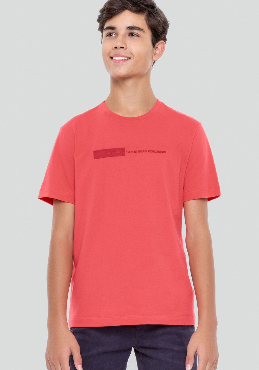 Camiseta Juvenil em Malha Penteada com Estampa, SALMAO BRIGHT CORAL. Camiseta Juvenil em Malha Penteada com Estampa, SALMAO BRIGHT CORAL, large.