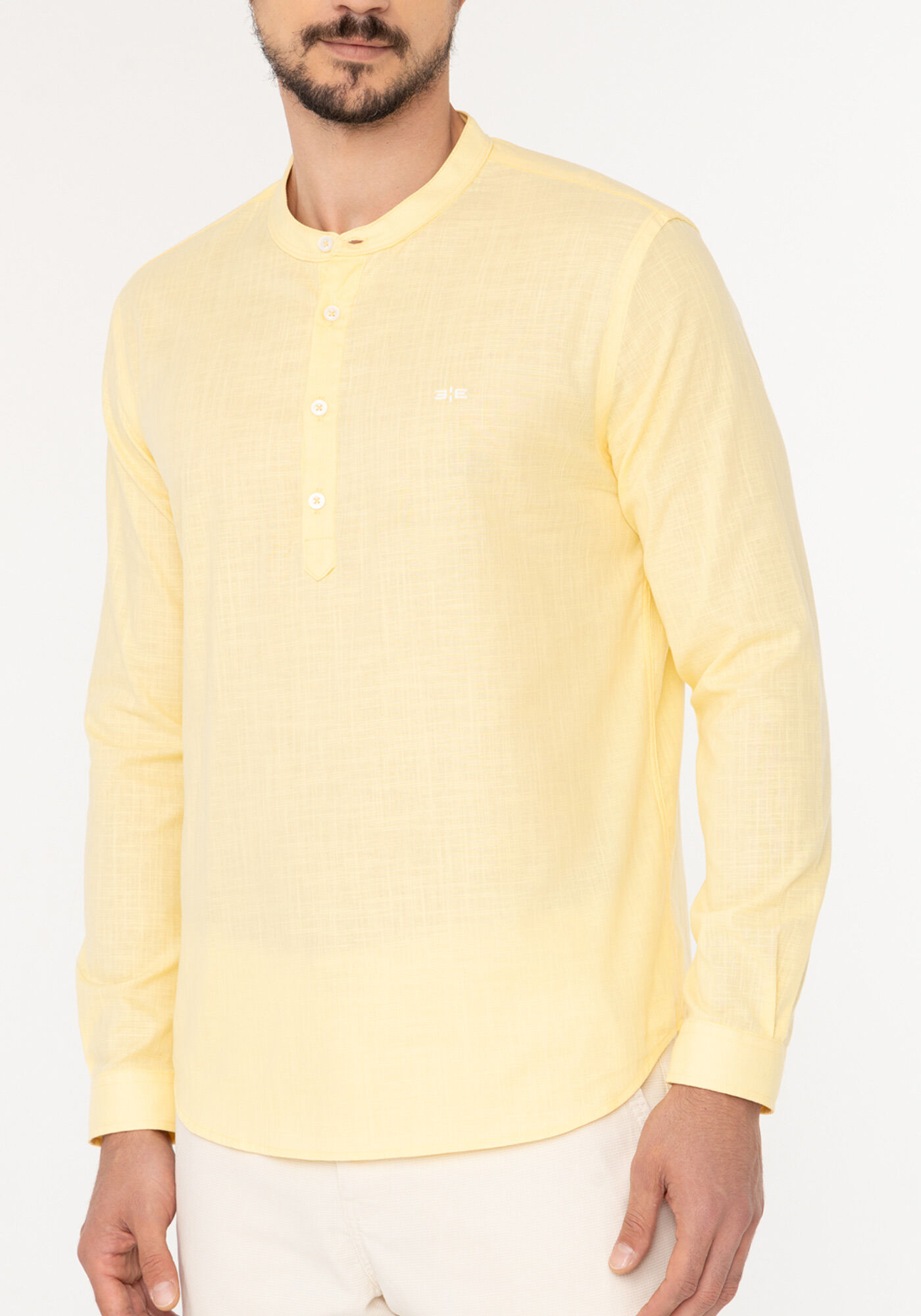 Camisa Bata De Mangas Longas Em Tecido Plano R&uacute;stico, AMARELO ROSITA, large.