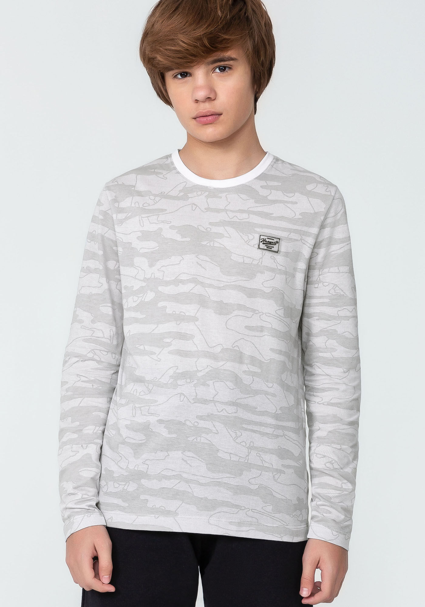 Camiseta Manga Longa em Malha Estampada Juvenil, GRID CINZA, large.