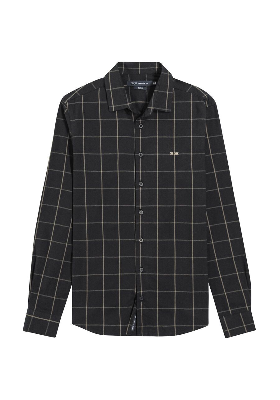 Camisa Masculina Slim Fit em Flanela Xadrez, PRETO REATIVO. Camisa Masculina Slim Fit em Flanela Xadrez, PRETO REATIVO, large.