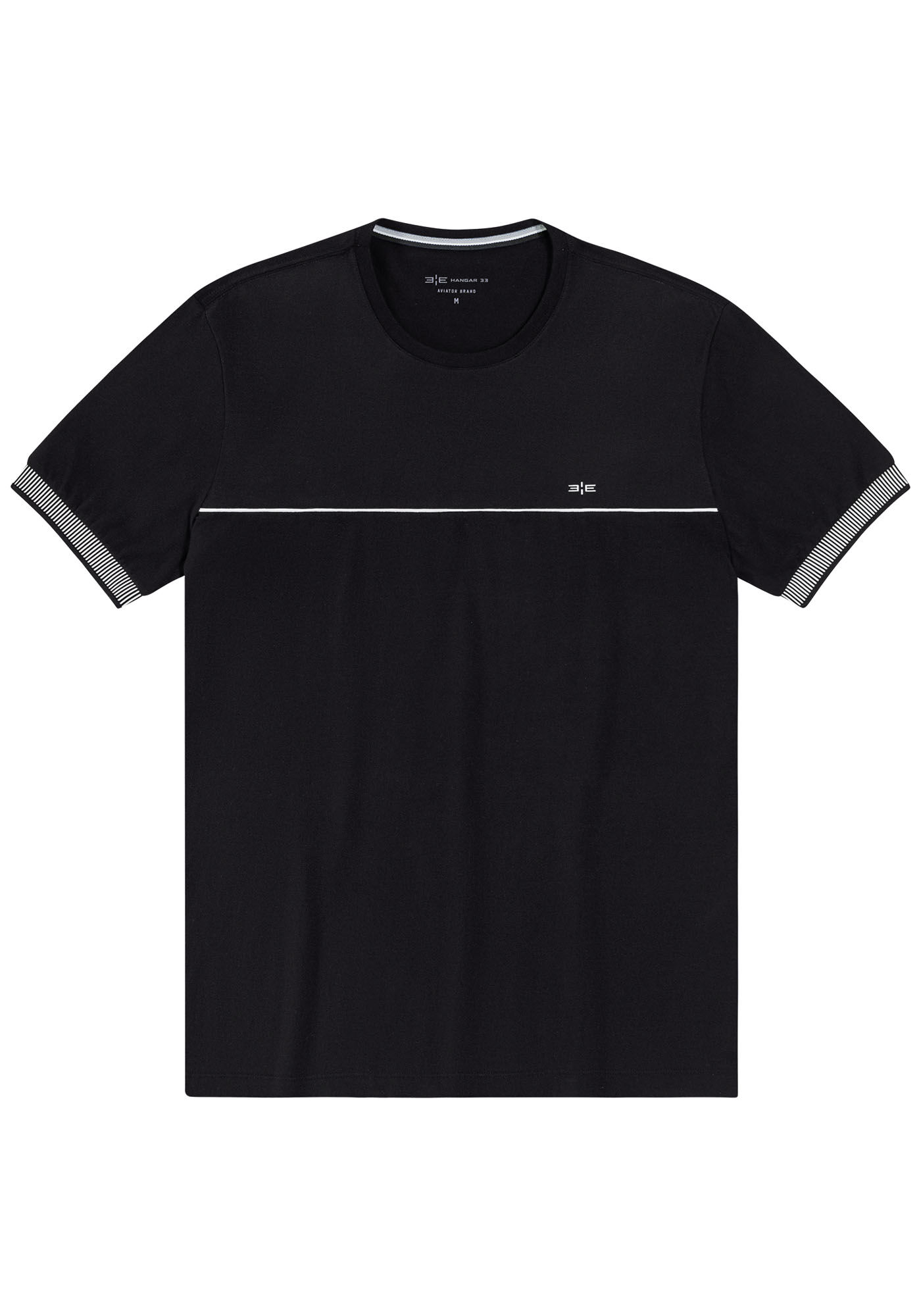 Camiseta Masculina em Malha com Retil&iacute;nea Manga, PRETO, large.