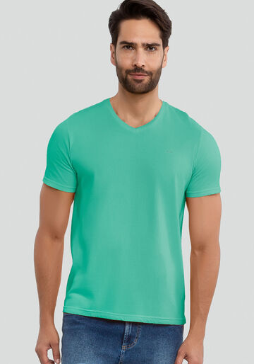 Camiseta Masculina em Malha com Decote V, AMARELO, large.