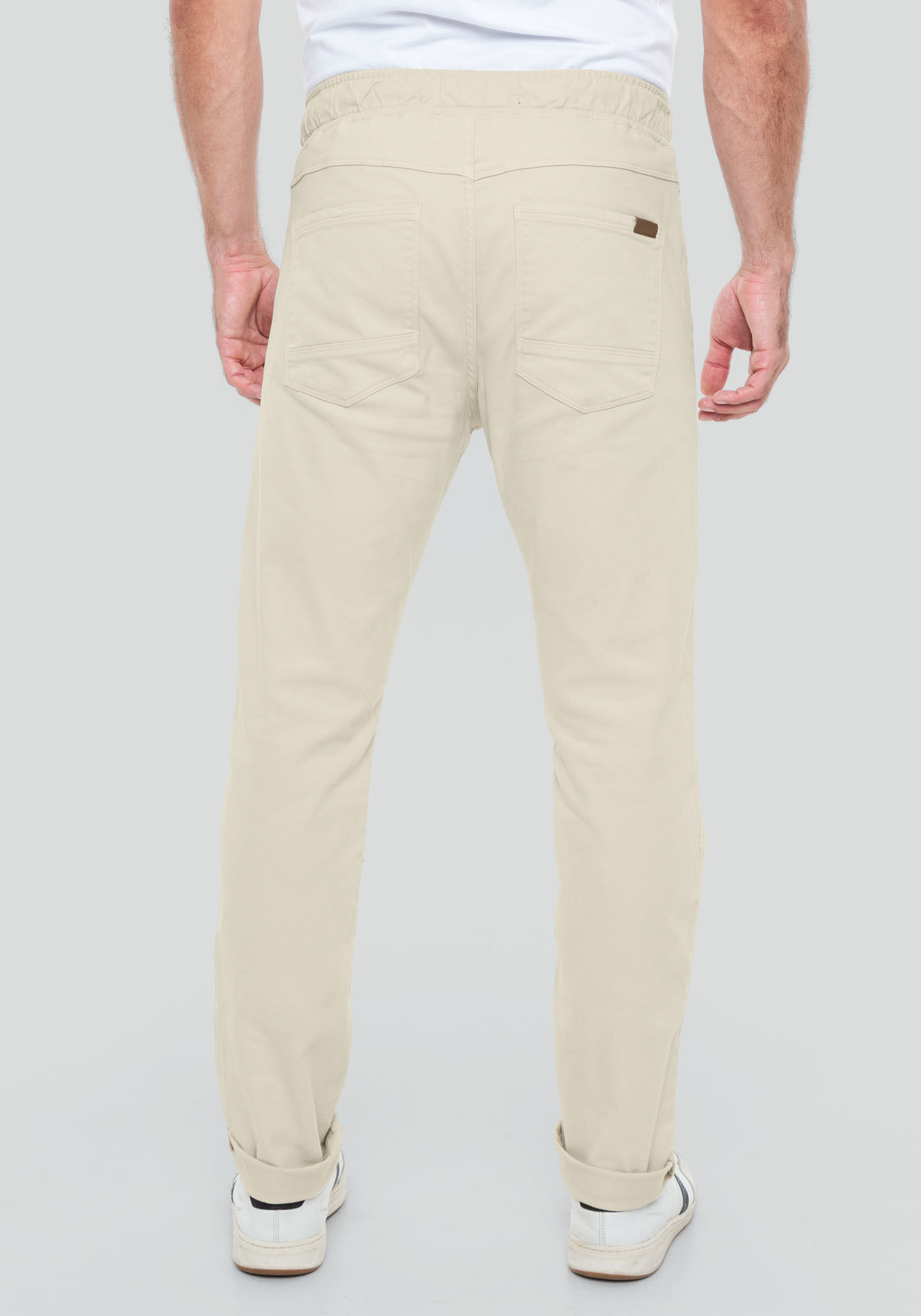 Cal&ccedil;a Jogging Com Bolsos Em Sarja Denim Malha, BEGE SYSTEM, large.