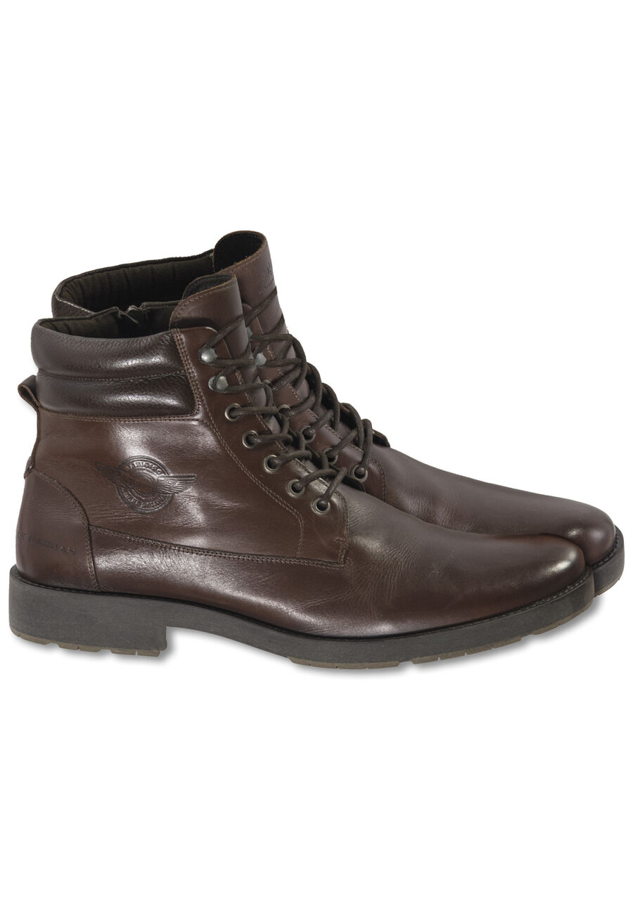 Bota Masculina Cano Médio em Couro com Detalhe, MARROM, large.