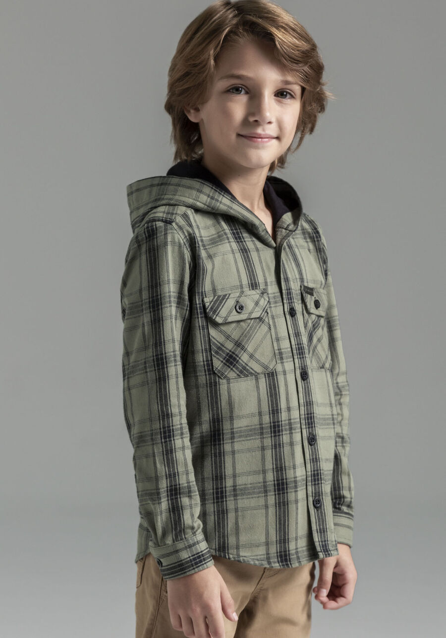 Camisa Infantil em Flanela Xadrez com Capuz, VERDE REIGN. Camisa Infantil em Flanela Xadrez com Capuz, VERDE REIGN, large.