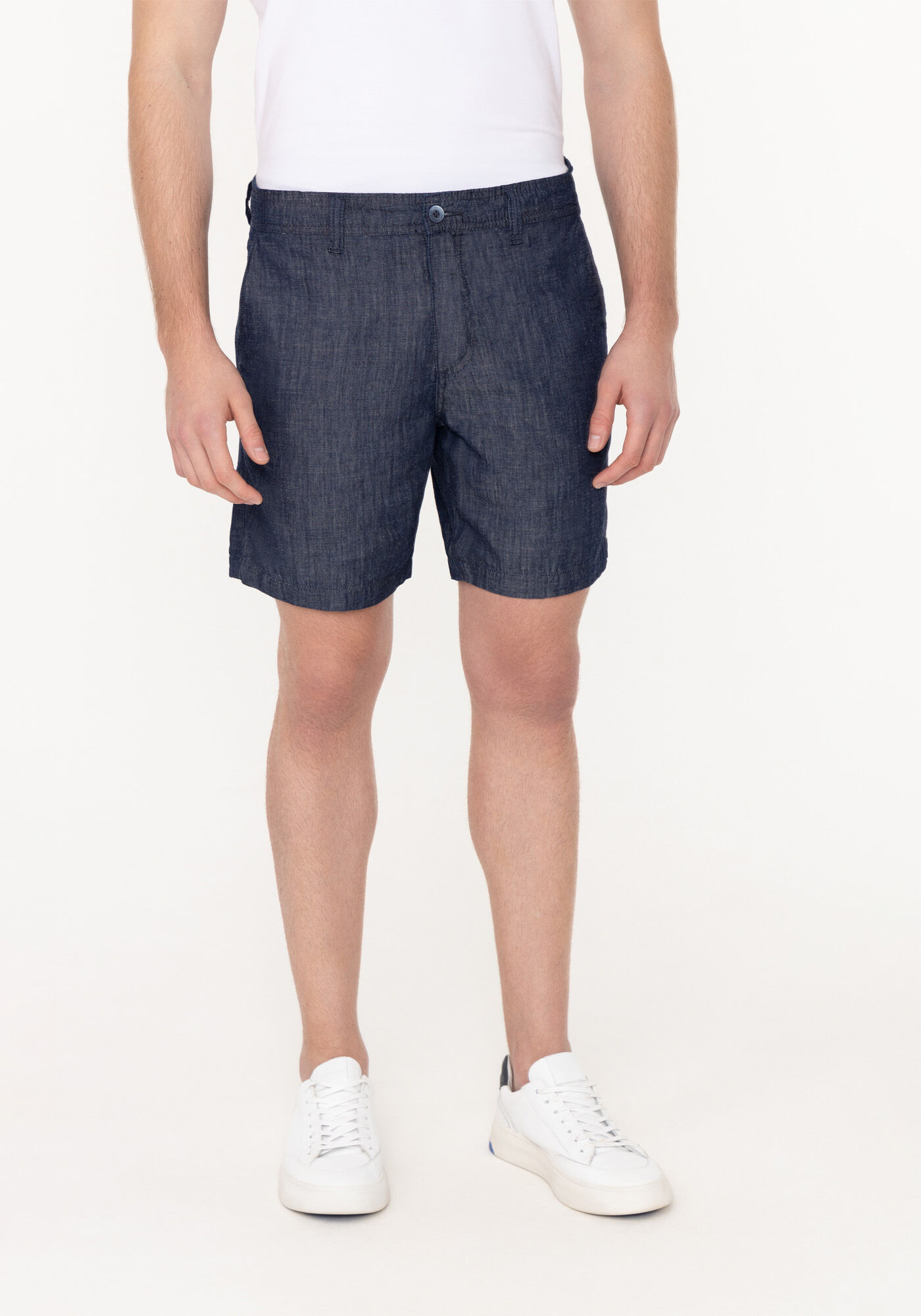 Shorts Jeans Reto Amaciado Com Linho E Bolsos, JEANS, large.