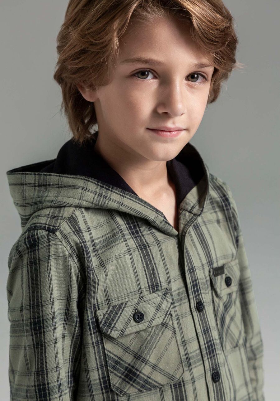 Camisa Infantil em Flanela Xadrez com Capuz, VERDE REIGN. Camisa Infantil em Flanela Xadrez com Capuz, VERDE REIGN, large.