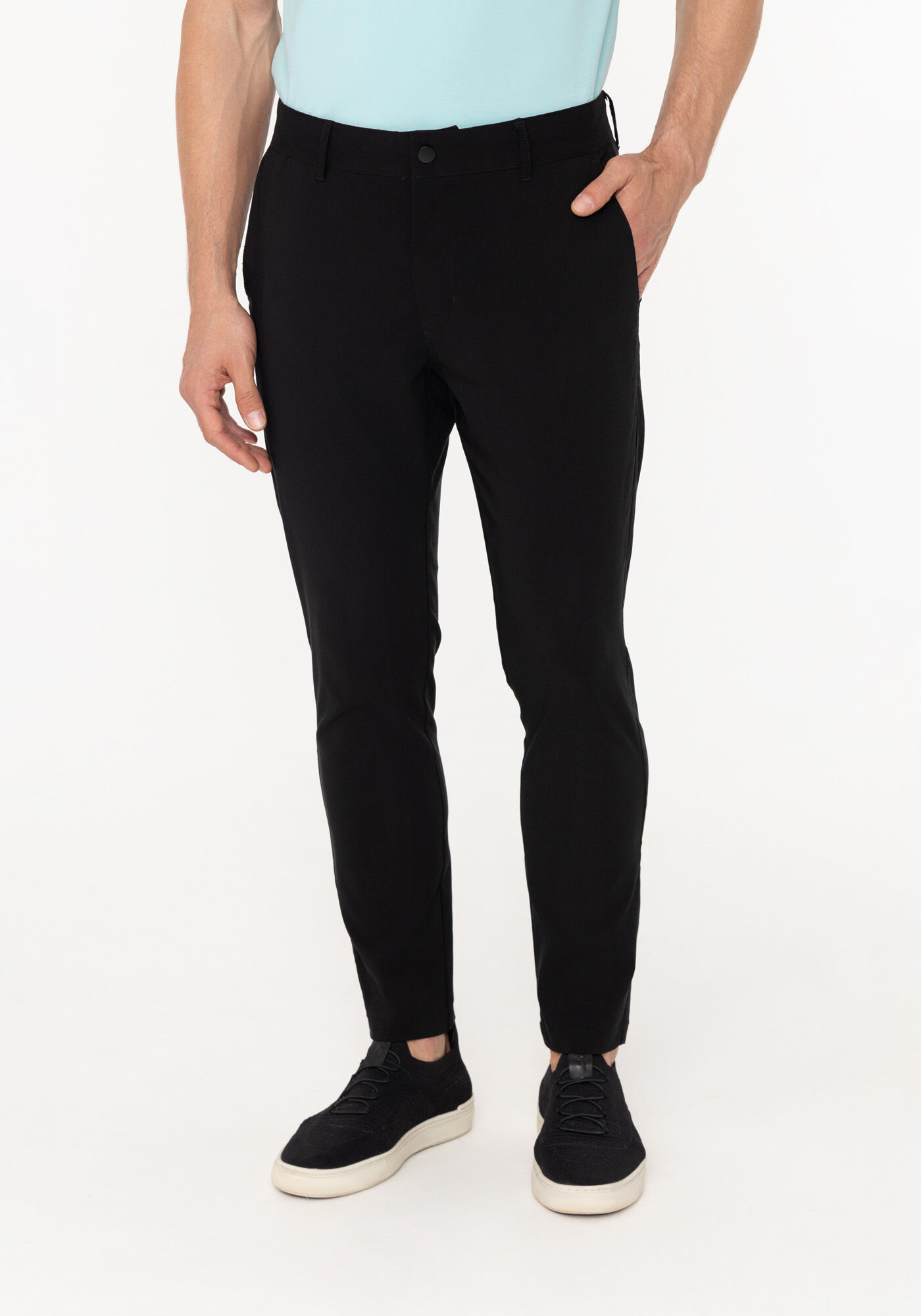 Cal&ccedil;a Em Tecido Plano Com Bolsos E Elastano, PRETO REATIVO, large.