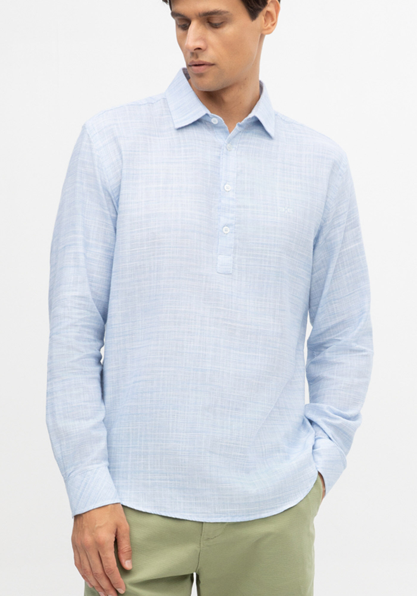 Camisa Bata Masculina Slim Fit em Flam&ecirc; Org&acirc;nico, AZUL BRUMA, large.