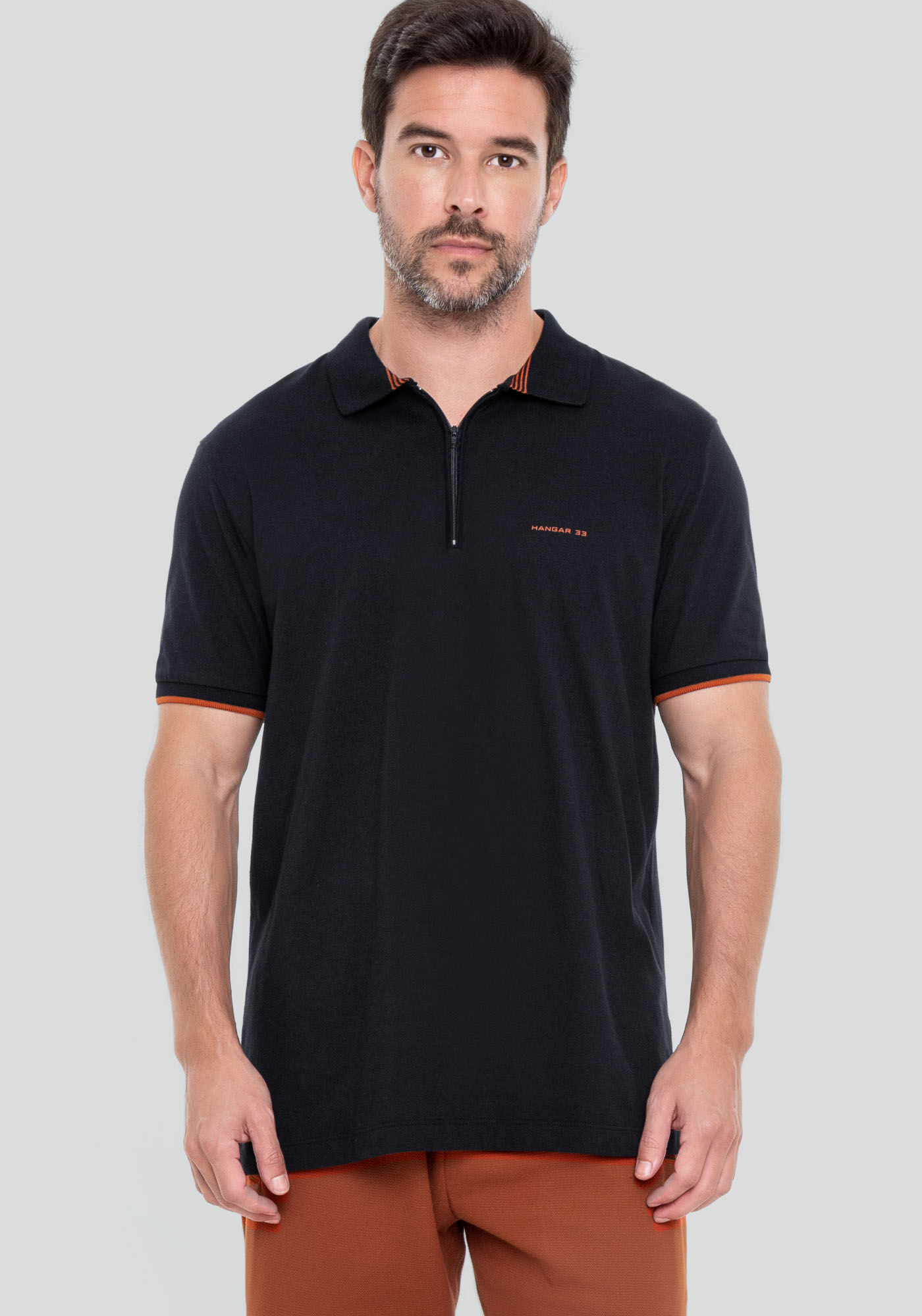 Camisa Polo Masculina em Malha com Z&iacute;per, PRETO REATIVO, large.